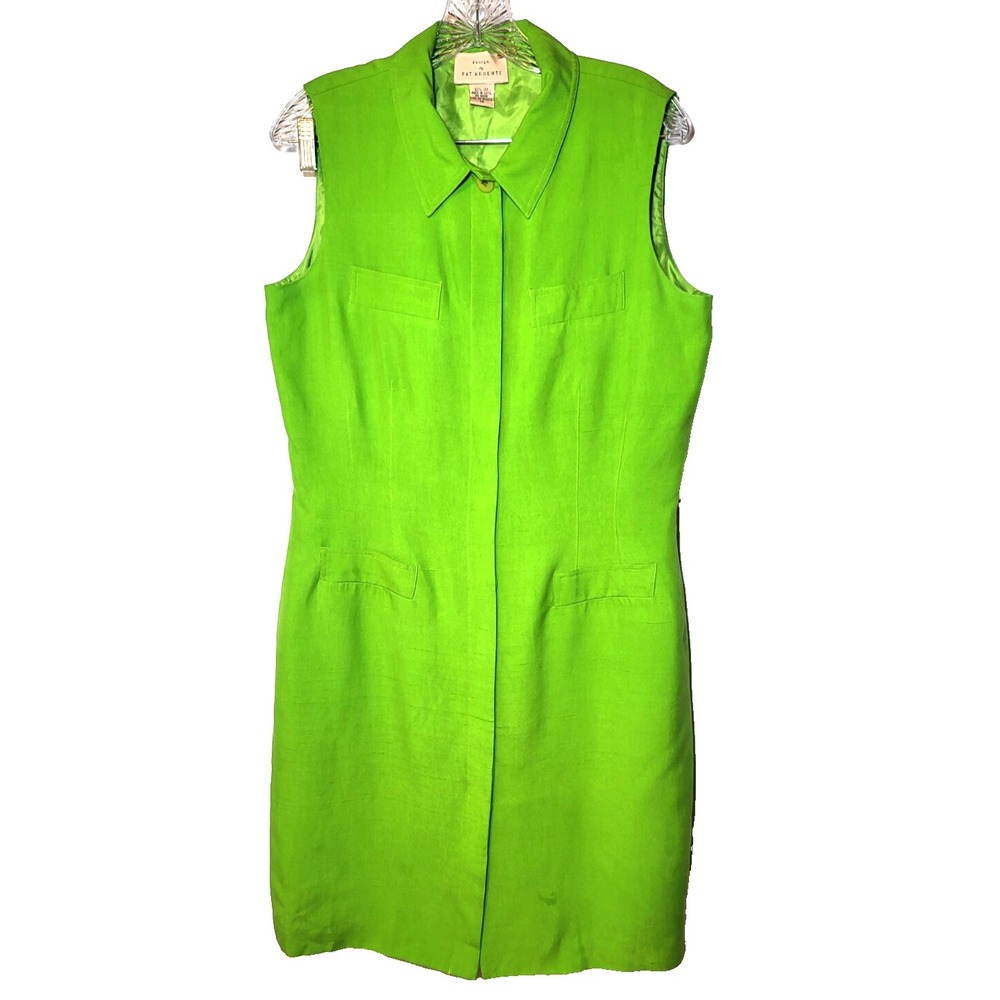 Design by Pat Argenti‎ Apple Green Silk Sleeveless Button Up Sheath Dress 14